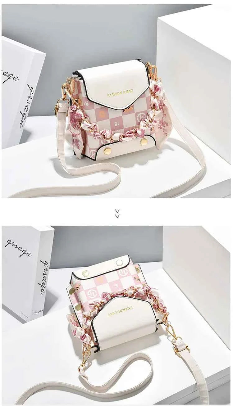 Wear-resistant PU leather mini single-shoulder bag for women, flip cover cartoon square graffiti crossbody bag