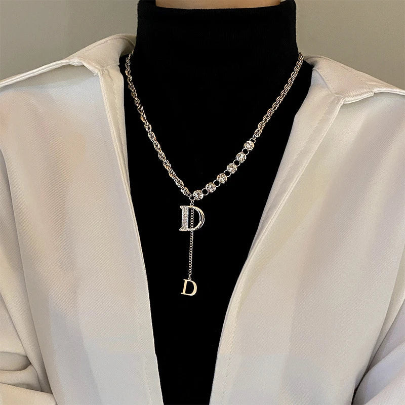 2024 New Luxury Zircon Letter D Pendant Necklace for Women Girls Sparkling Rhinestone Tassel Sweater Chain Necklace Jewelry Gift Streetsharks