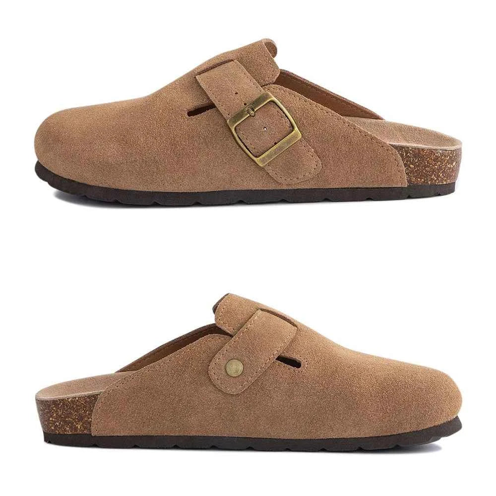 Kidmi Men's Suede Clogs Cork Footbed Clogs for Women Soft Leather Adjustable Buckle Slip-on Potato Shoes Sandals Beach Slippers luxecrown.co.uk