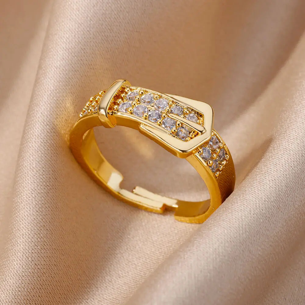Fashion Gold Color Stainless Steel Rings For Women Chain Hollow Out Crystal Zircon Finger Ring Jewelry 2023 Gift anillos mujer Streetsharks