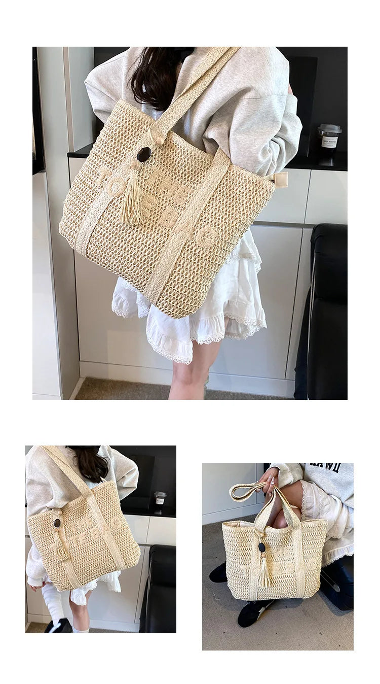 French Style Large Capacity Woven Straw Woven Bag for Women New Beach Vacation Shoulder Bag Casual Commuting Tote Bag Purse luxecrown.co.uk