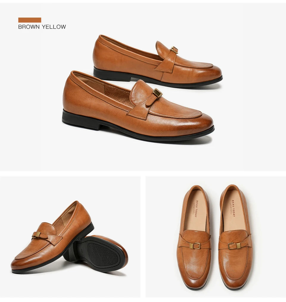 BEAUTODAY Loafers Women Cow Leather Waxing Round Toe Metal Buckle Strap Slip-on Flats Business Suit Ladies Shoes Handmade 26267 luxecrown.co.uk