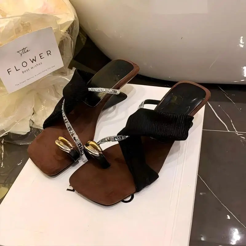 Luxury Rhinestone Square Toe Sandals  Toe Loop Women Elegant Pleated Slides Metal Decor Beach Wedding Party Dress Mules Shoes luxecrown.co.uk