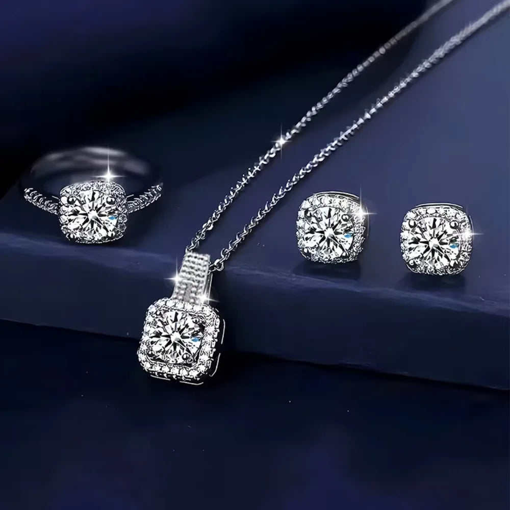 3pcs Set Luxury Brand Shiny Geometric Square Zircon Necklace Earring Rings for Women Charm Fashion Jewelry Set Anniversary Gift Streetsharks