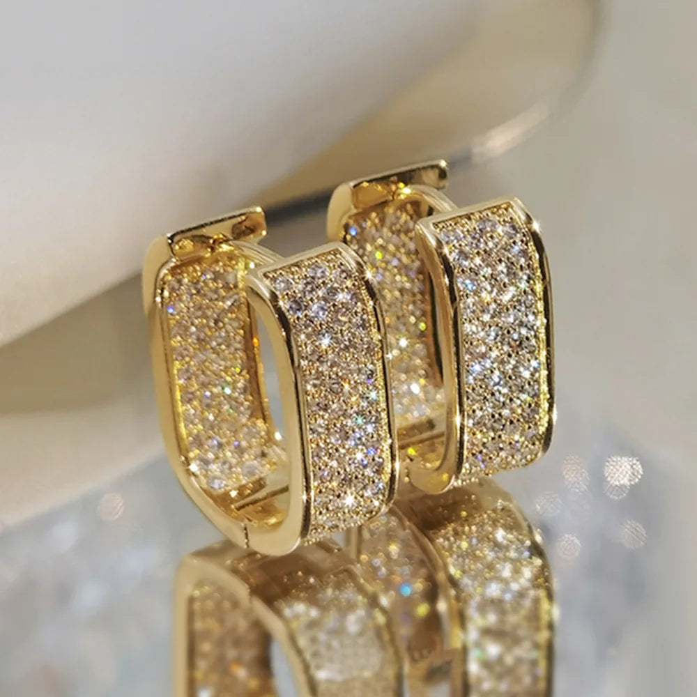 Luxury Full of Zircon Shiny Geometric Square Hoop Earrings for Women Temperament Gold Color Stainless Steel Korea Jewelry Gift Streetsharks