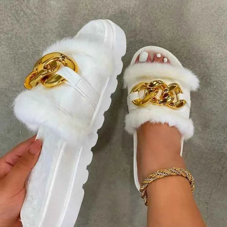 New round-toe thick-soled slip-on fuzzy slippers, lightweight furry slippers, plus-size with metal chain cotton slippers