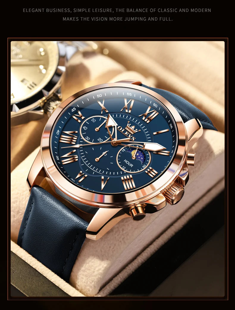 OLEVS 3632 Men Watch Elegant Luxury Sport Quartz Watch Scale Waterproof Luminous Automatic Date Moon Belt Watch Gifts Original luxecrown.co.uk