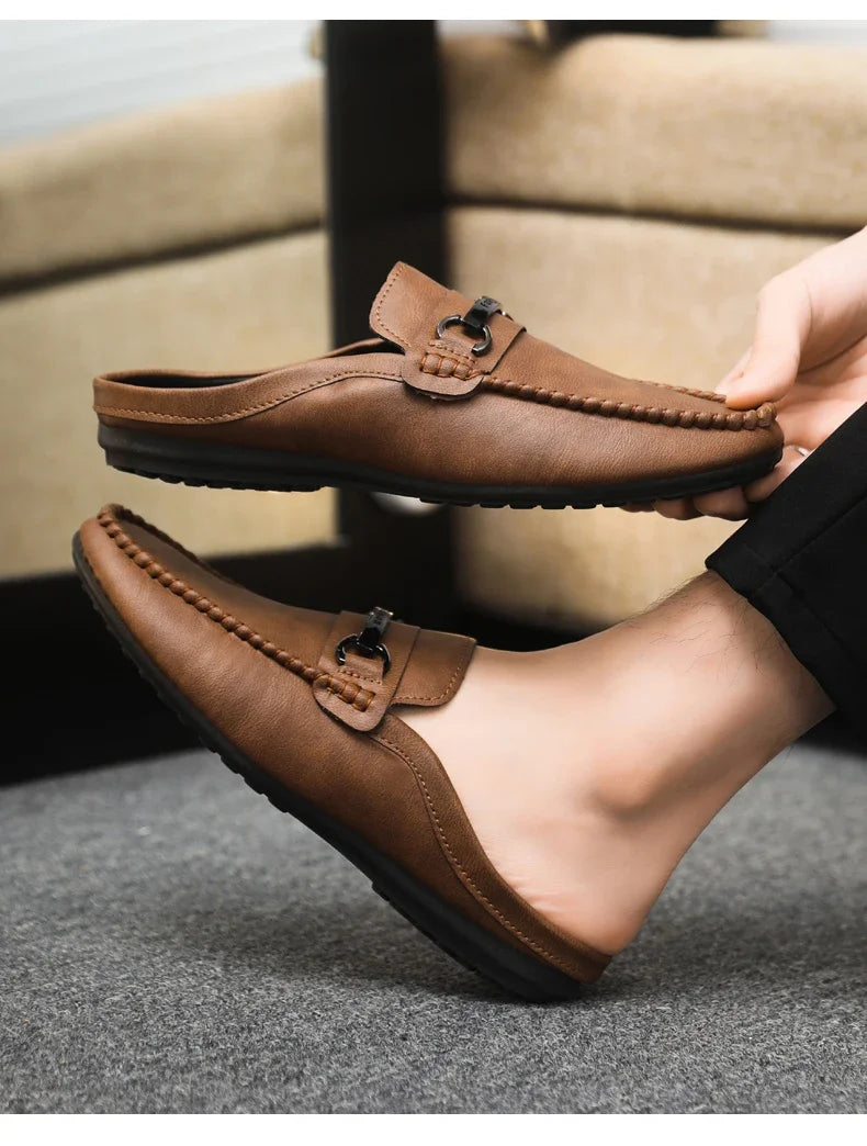 Summer Half Shoes For Men Comfortable Leather Casual Shoes Soft Flat Men's Loafers Lightweight Slip-on Shoes Man Daily Slippers luxecrown.co.uk