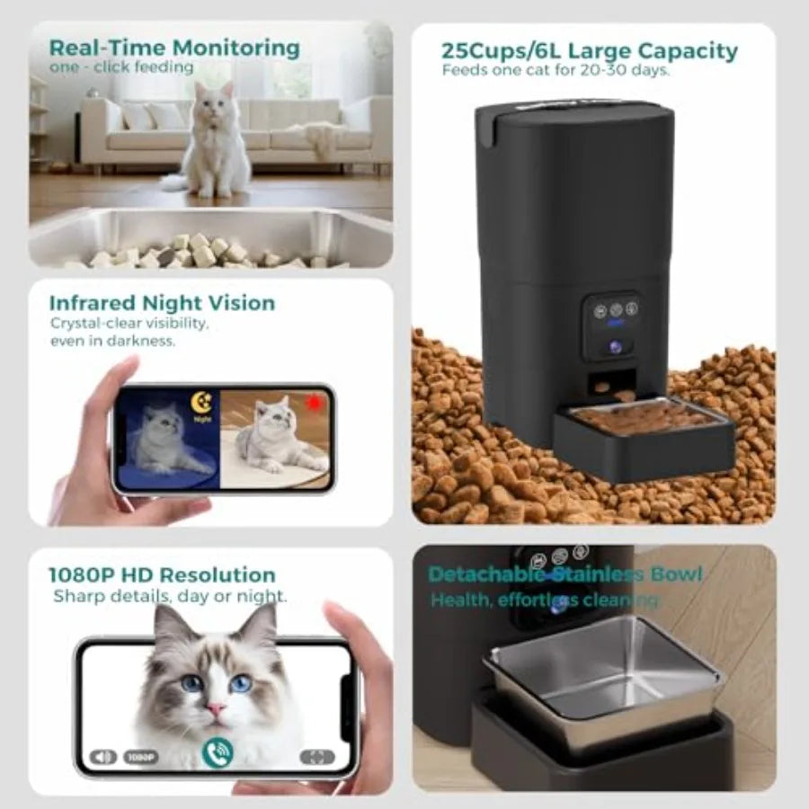 Automatic Cat Feeder with Camera, 1080P HD and Night Vision, 6L Cat Food Dispenser with App, 5G WiFi Timed Cat Feeder for Dry F luxecrown.co.uk