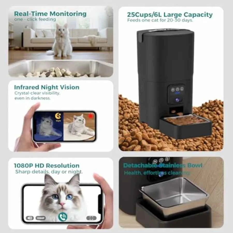 Automatic Cat Feeder with Camera, 1080P HD and Night Vision, 6L Cat Food Dispenser with App, 5G WiFi Timed Cat Feeder for Dry F luxecrown.co.uk