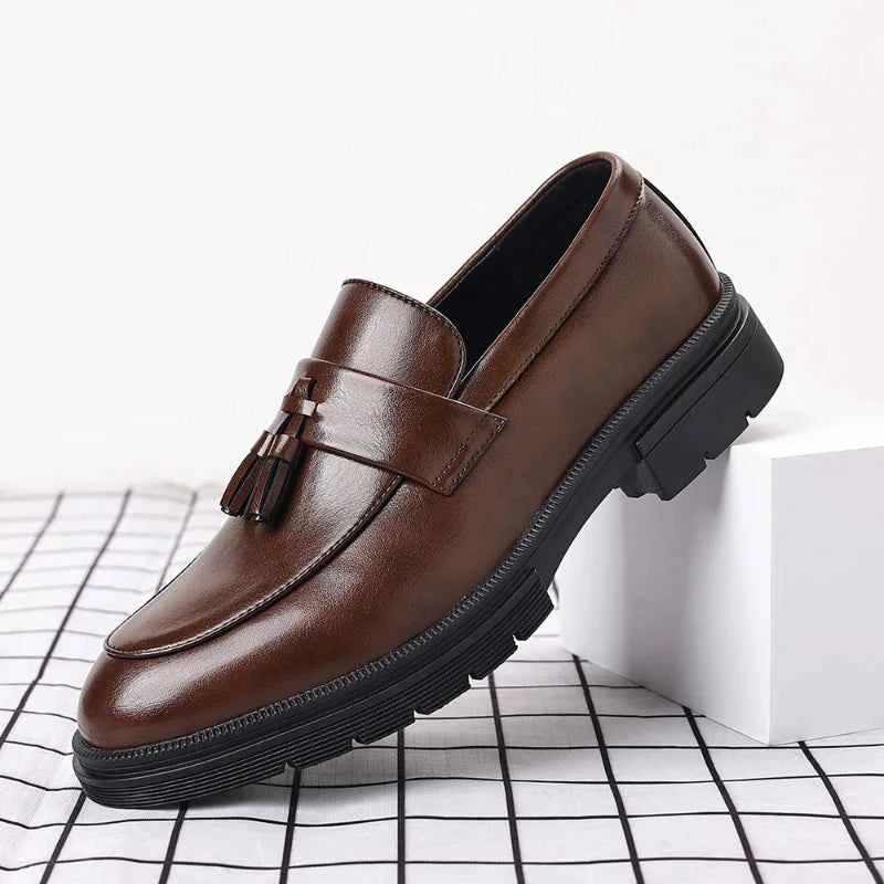 Mens Brown Genuine Leather Tassel Penny Loafers Slip On Chunky Sole Formal Dress Shoes Comfortable Non Slip For Business Office luxecrown.co.uk