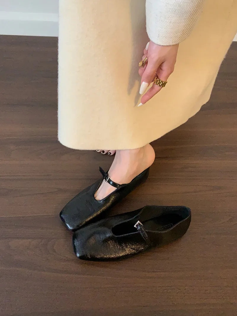 2025 Lightweight Summer French Retro Genuine Leather Shoes Minimalist Elegant Square Toe Flat Shoes Loafers Shoes Women luxecrown.co.uk