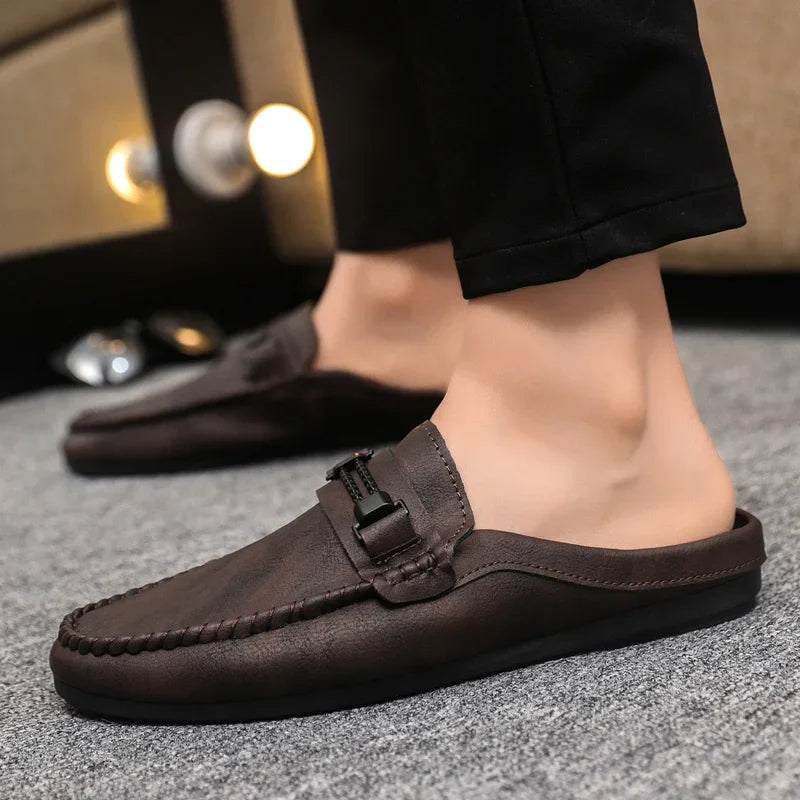 Summer Leather Men Half Slippers Breathable Mens Casual Shoes Slip-on Lazy Driving Shoes Comfortable Walking Loafers Moccasins luxecrown.co.uk