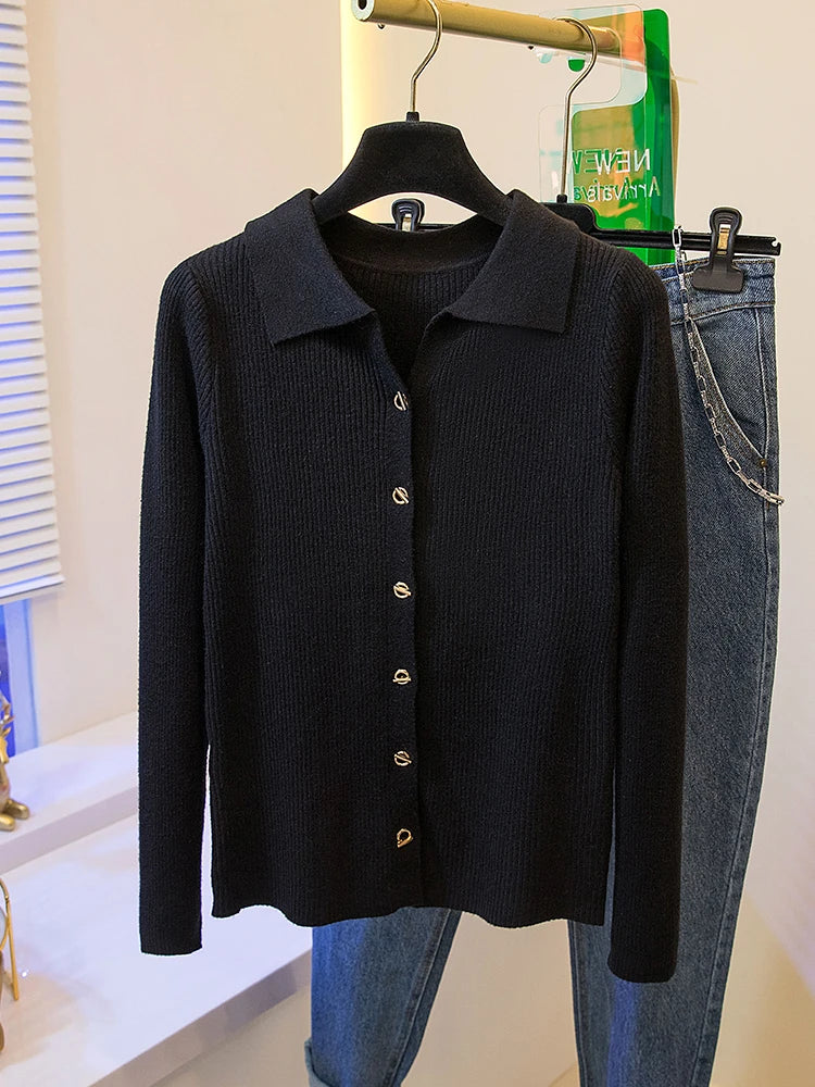 2026 Korean Style Fashion Autumn Winter Turn Down Collar Cardigan Knitted Sweater Casual Loose Long Sleeved Base Sweater Women