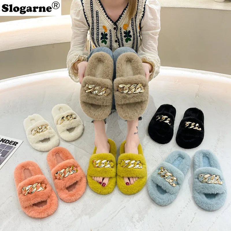 Fashion Faux Fox Fur Slippers Women Spring Autumn Fluffy Slides Ladies Peep Toe Fur Shoes Flat Large Size Furry Soft House Shoes luxecrown.co.uk