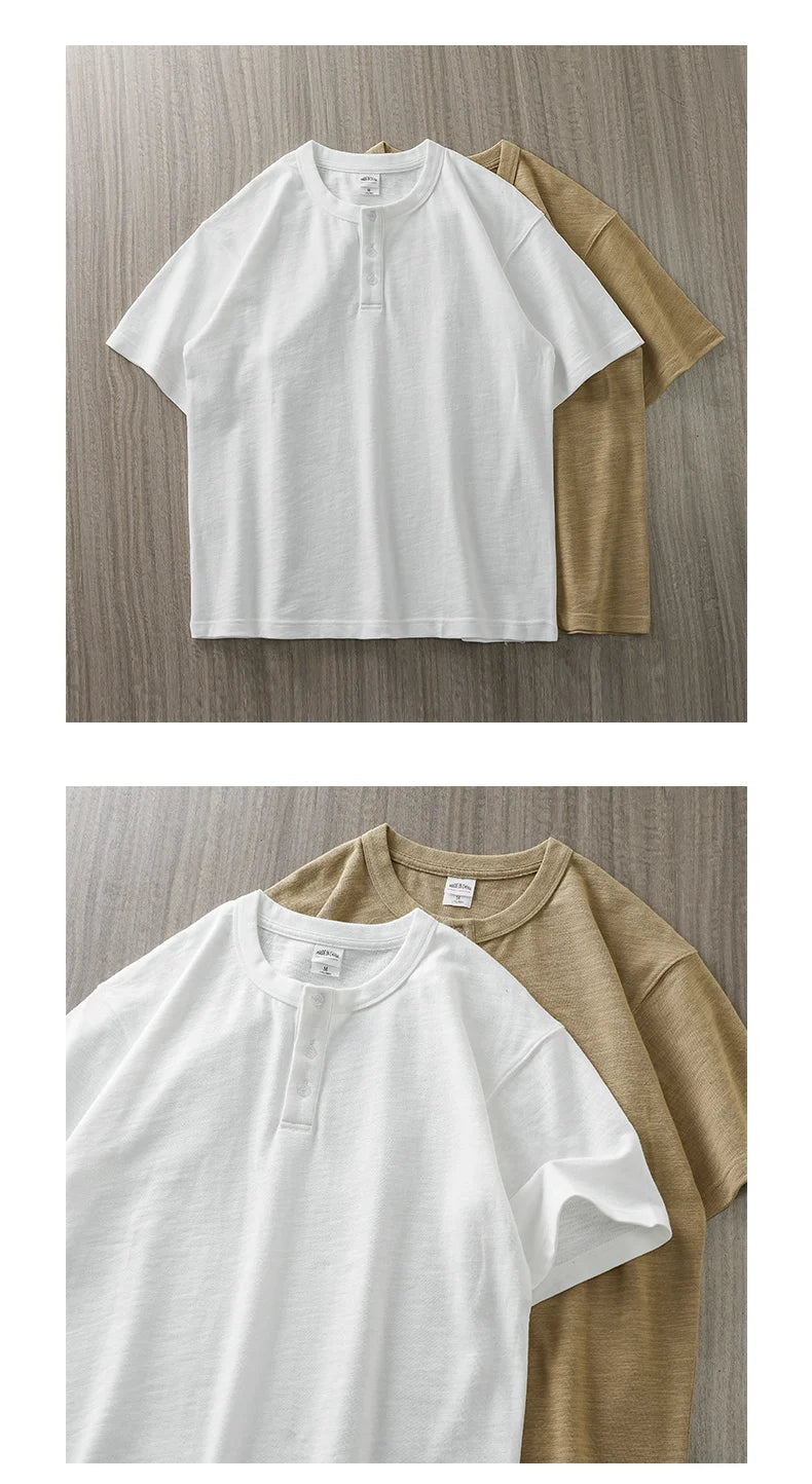 Dukeen 320g Heavyweight Henley Shirt for Men Short Sleeved Summer 100% Cotton Oversized White T Shirt Man Clothing luxecrown.co.uk