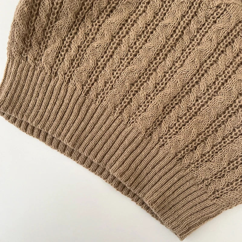 2026 New Autumn Winter Loose Casual Knitwear V-neck Long Sleeve Knitted Sweaters Twist Hollow Out Crochet Short Pullover Tops