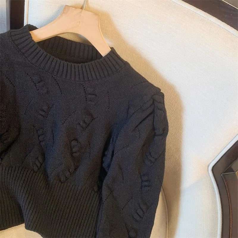 2026 New Autumn Winter Women O-neck Long Sleeve Knitted Sweaters Hollow Out Knitwear Crochet Solid Color Short Pullover Tops