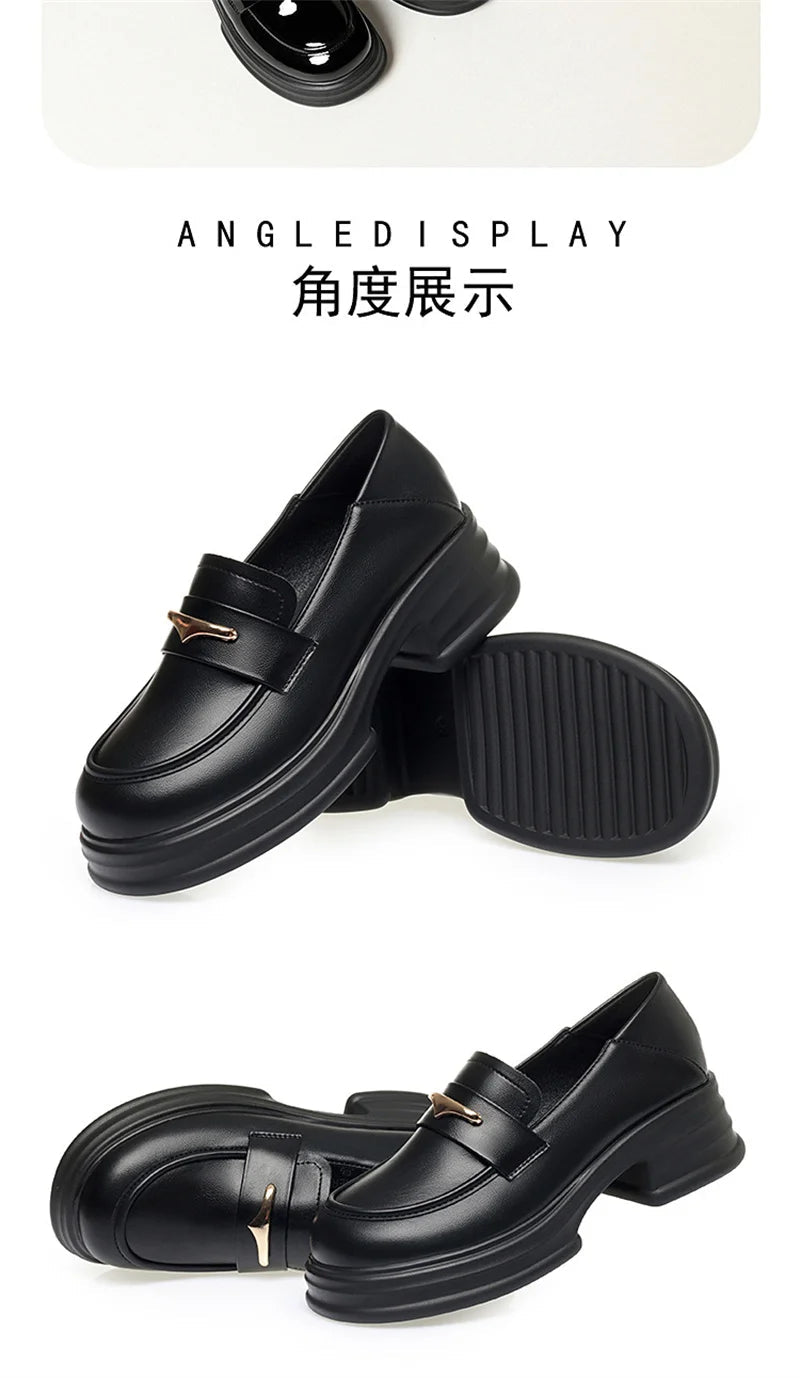 Thick-Soled Loafers Women's Spring And Autumn New British Style Retro Sponge Cake Leather Shoes Thick Heel Black Single Shoes luxecrown.co.uk