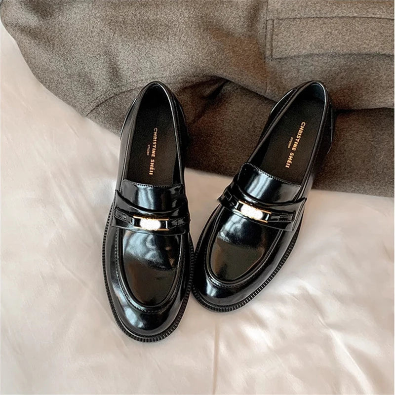 Spring New Women's Genuine Leather Shoes British Style Black Casual Shoes Banquet Office Wear Stylish Metal Design Loafers luxecrown.co.uk