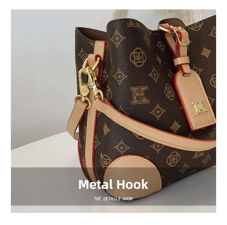 High-End Large Capacity Bucket Bag Women's Fashion Luxury Retro Floral Print Single Shoulder Bag Vintage Style PU Material luxecrown.co.uk