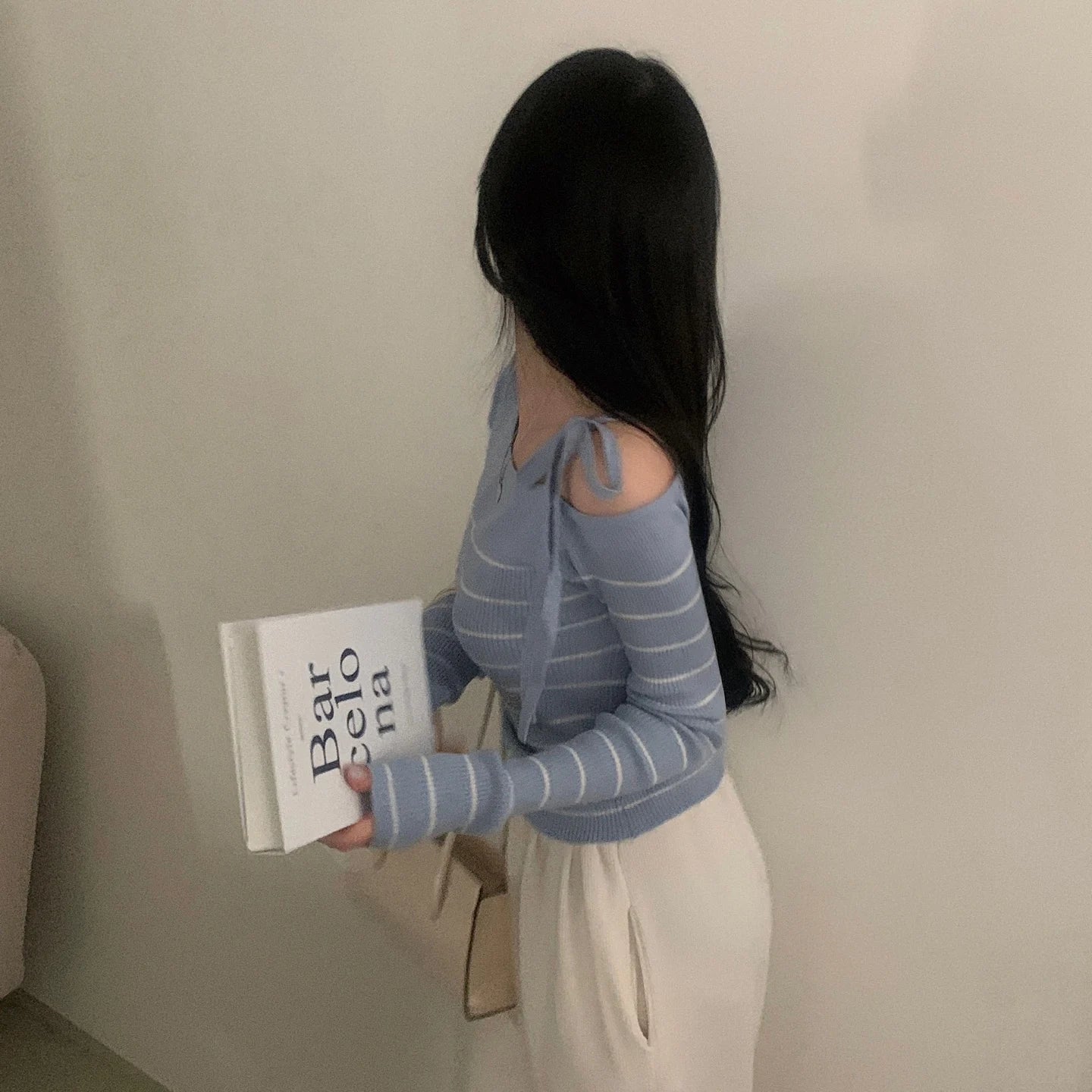 2026 New Women's Elegant Off-Shoulder Sweater T-Shirt Black White Striped with Adjustable Lace-Up Fall Winter Casual Chic Top