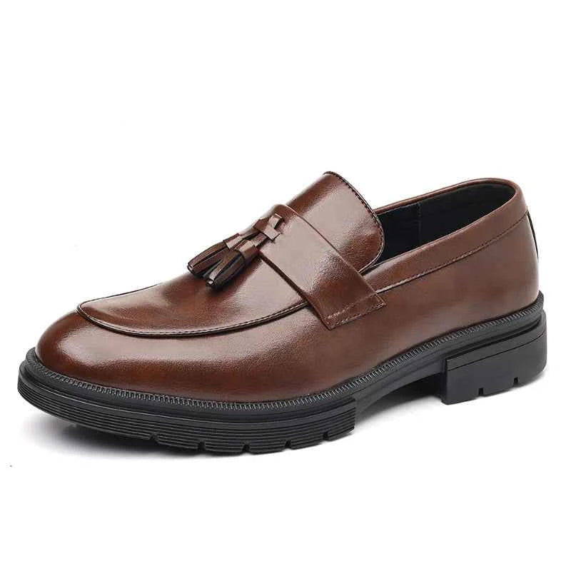 Mens Brown Genuine Leather Tassel Penny Loafers Slip On Chunky Sole Formal Dress Shoes Comfortable Non Slip For Business Office luxecrown.co.uk
