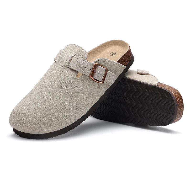 Kidmi Men's Suede Clogs Cork Footbed Clogs for Women Soft Leather Adjustable Buckle Slip-on Potato Shoes Sandals Beach Slippers luxecrown.co.uk