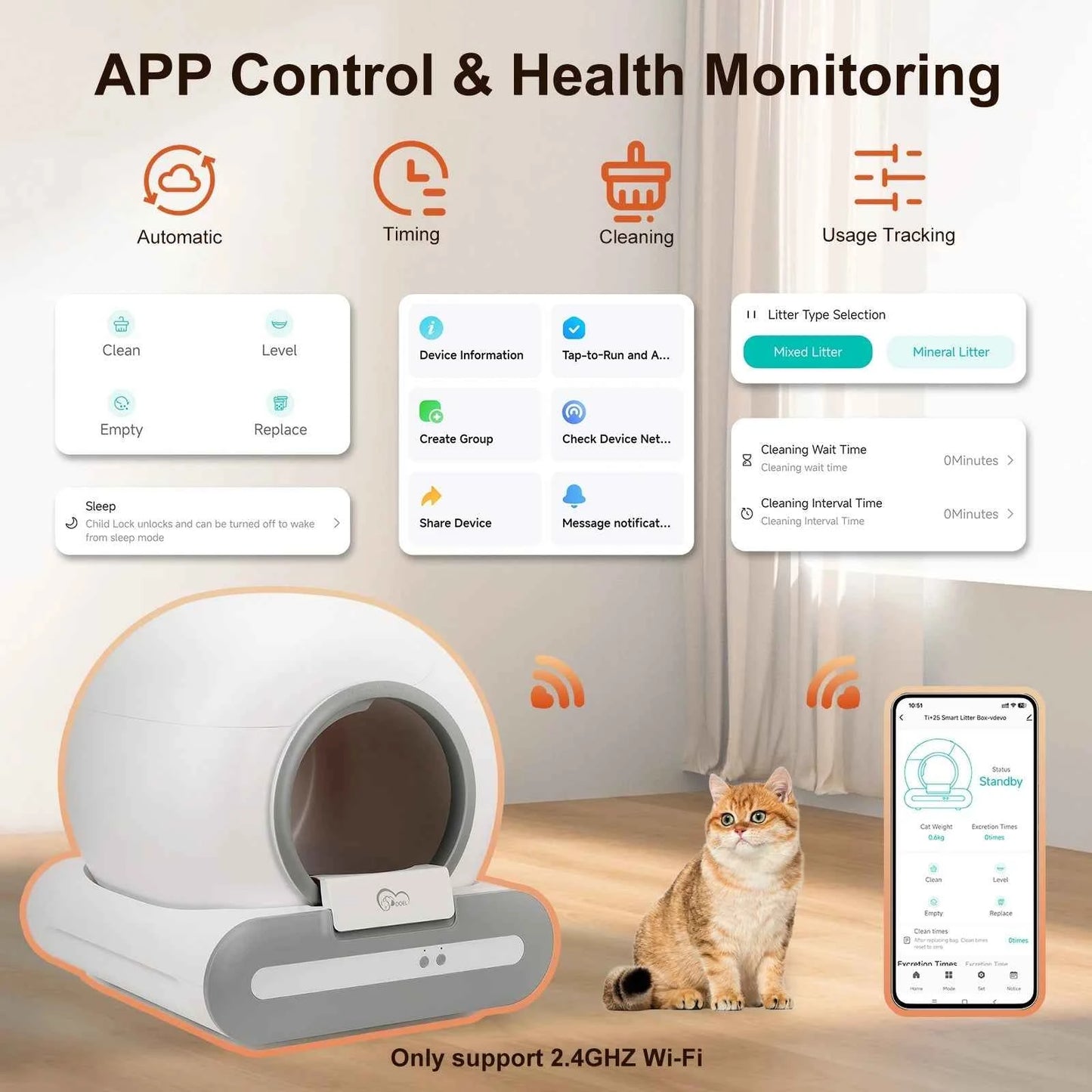 DOEL 65L Self-Cleaning Cat Litter Box App Control, ONLY Supports 2.4G WiFi w/Litter Mat&Trash Bags, Fit for Tofu & Mixed Litter luxecrown.co.uk