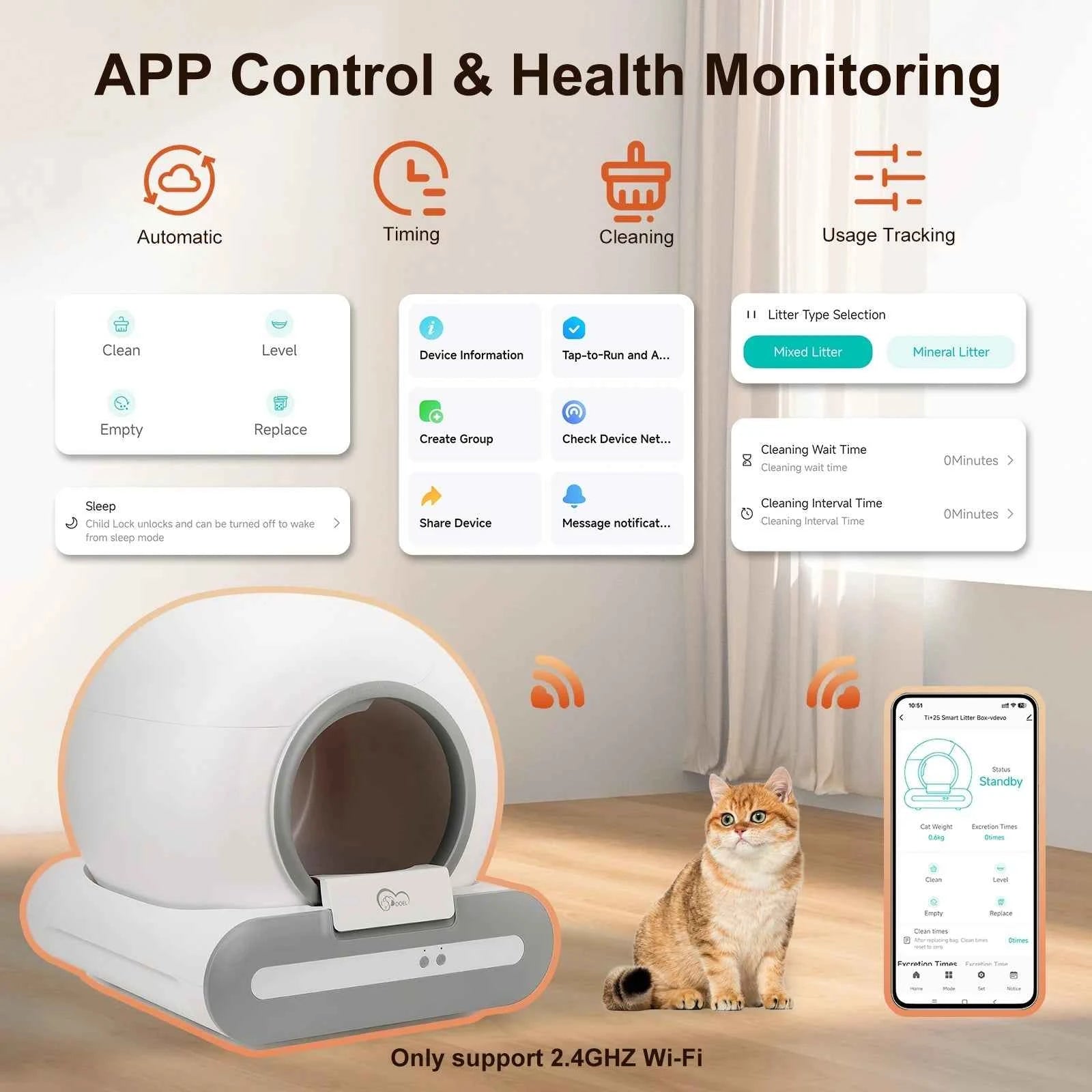 DOEL 65L Self-Cleaning Cat Litter Box App Control, ONLY Supports 2.4G WiFi w/Litter Mat&Trash Bags, Fit for Tofu & Mixed Litter luxecrown.co.uk