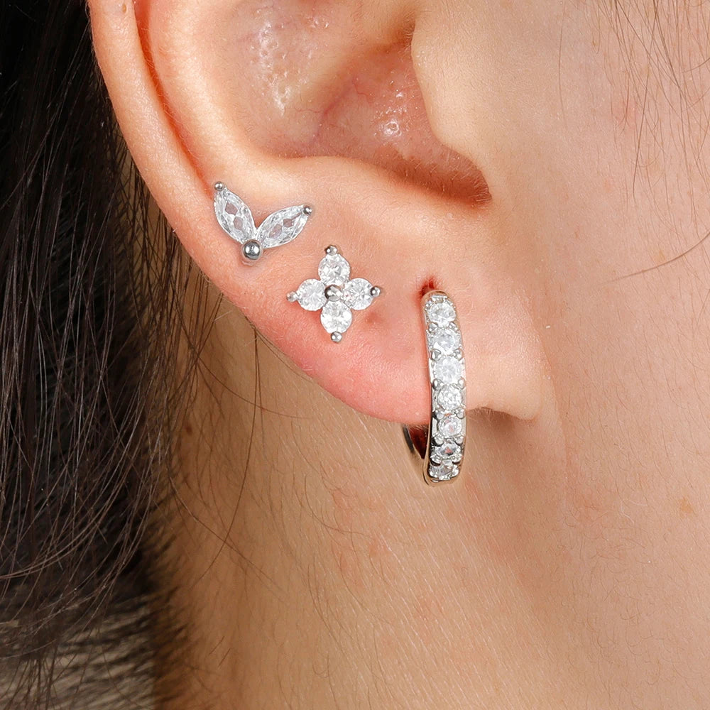 3PCS Stainless Steel Gold Color Circle Hoop Earrings Set for Women Simple Zircon Flower Stud Earring Cartilage Piercing Jewelry Streetsharks