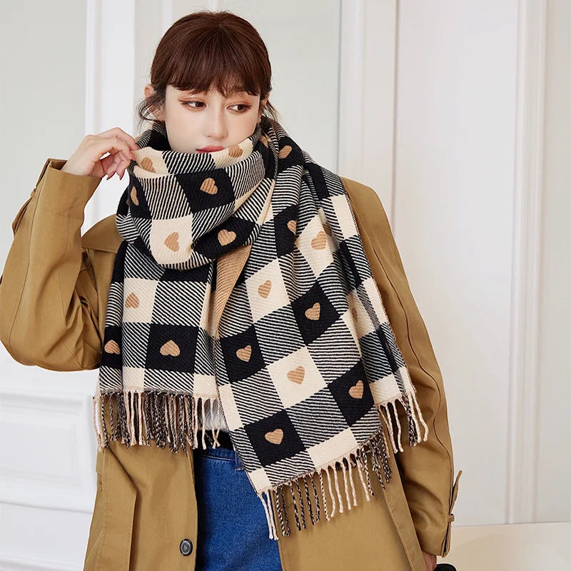 1 Women's Autumn and Winter Heart-Patterned Scarf, Women's Plaid Comfortable Scarf, Thick Large Blanket Shawl Scarf