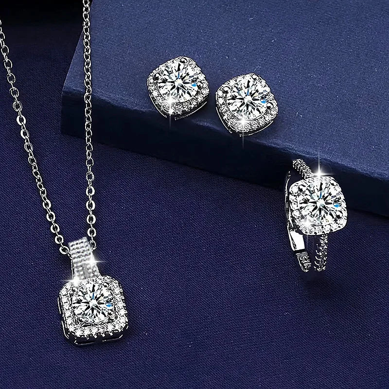 3pcs Set Luxury Brand Shiny Geometric Square Zircon Necklace Earring Rings for Women Charm Fashion Jewelry Set Anniversary Gift Streetsharks