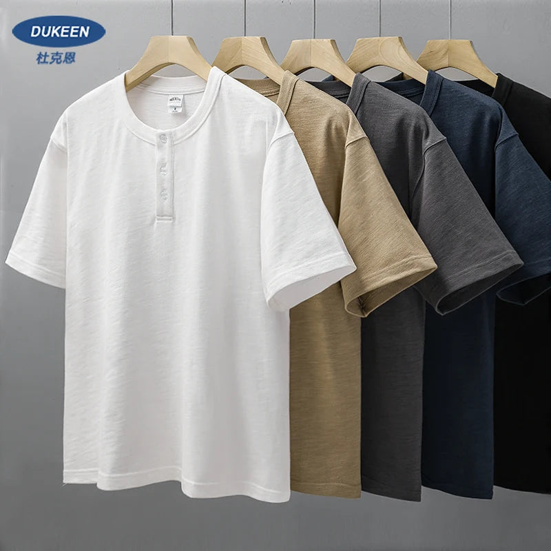 Dukeen 320g Heavyweight Henley Shirt for Men Short Sleeved Summer 100% Cotton Oversized White T Shirt Man Clothing luxecrown.co.uk