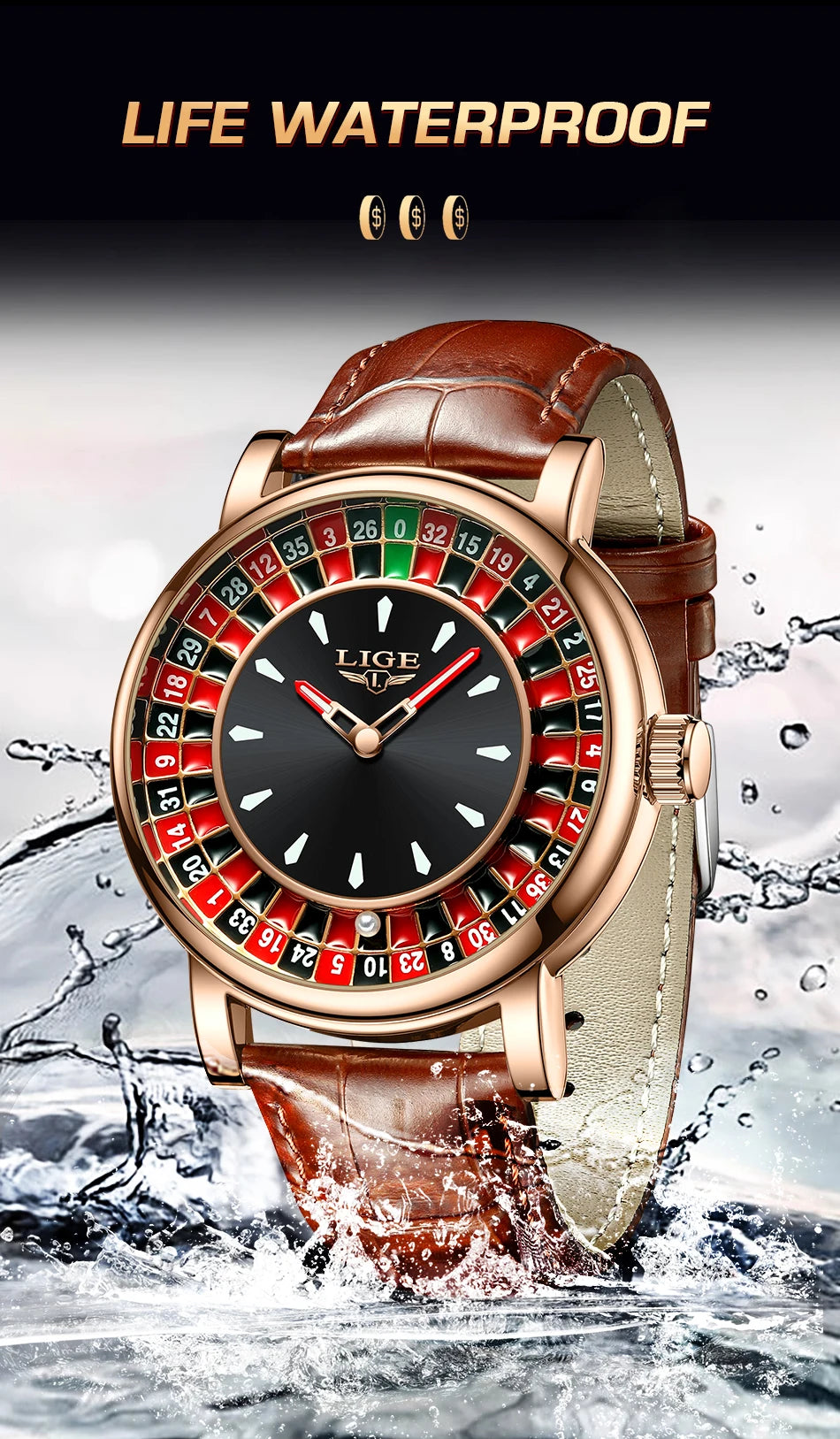 LIGE Fashion Brown Leather Men Watch Rotating Dial Las Vegas Roulette Desktop Theme Watch Men Waterproof Luminous Clock Watches