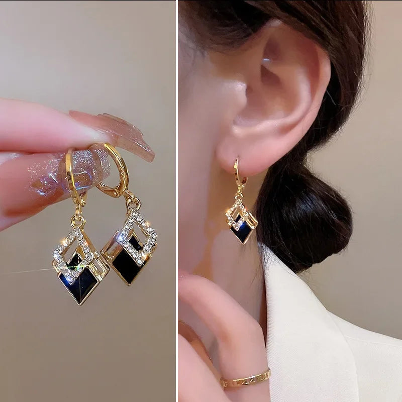 2024 Trending Black Rhinestone Statement Earrings for Women  Korean Gold Color Buckle Pendants Hanging Designer Earrings Jewelry Streetsharks