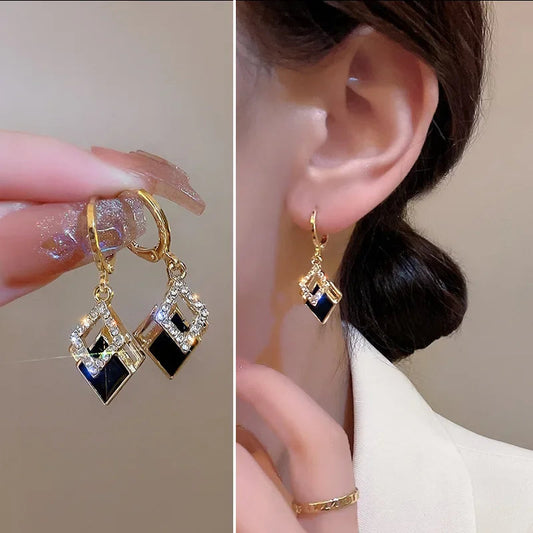 2024 Trending Black Rhinestone Statement Earrings for Women  Korean Gold Color Buckle Pendants Hanging Designer Earrings Jewelry Streetsharks