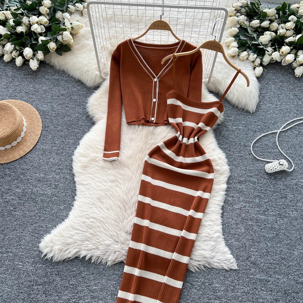 New Fashion Autumn Knitted Suits Long Sleeve V Neck Buttons Top+Stripe Strap Bodycon Dress Elegant OL Women Two Piece Sets