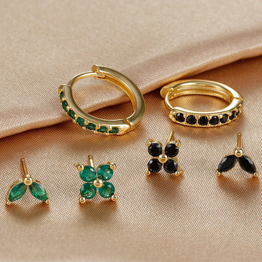 3PCS Stainless Steel Gold Color Circle Hoop Earrings Set for Women Simple Zircon Flower Stud Earring Cartilage Piercing Jewelry Streetsharks