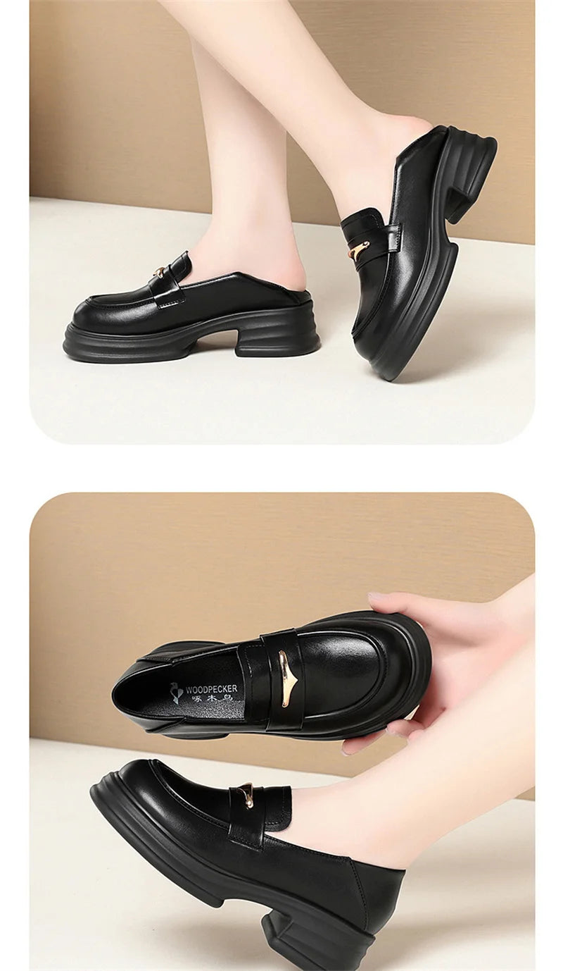 Thick-Soled Loafers Women's Spring And Autumn New British Style Retro Sponge Cake Leather Shoes Thick Heel Black Single Shoes luxecrown.co.uk