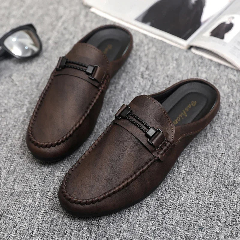 Summer Leather Men Half Slippers Breathable Mens Casual Shoes Slip-on Lazy Driving Shoes Comfortable Walking Loafers Moccasins luxecrown.co.uk