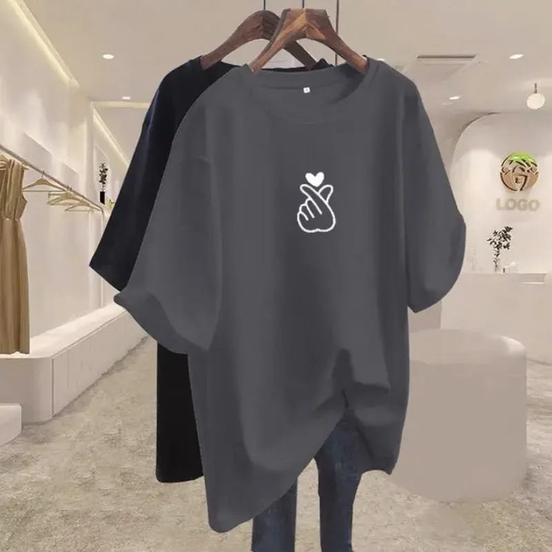Women Clothing Elegant Chic Print Basic T-shirts Summer Fashion Pure Cotton O-neck Short Sleeve Top Tee Loose Pullover 45-105Kg luxecrown.co.uk
