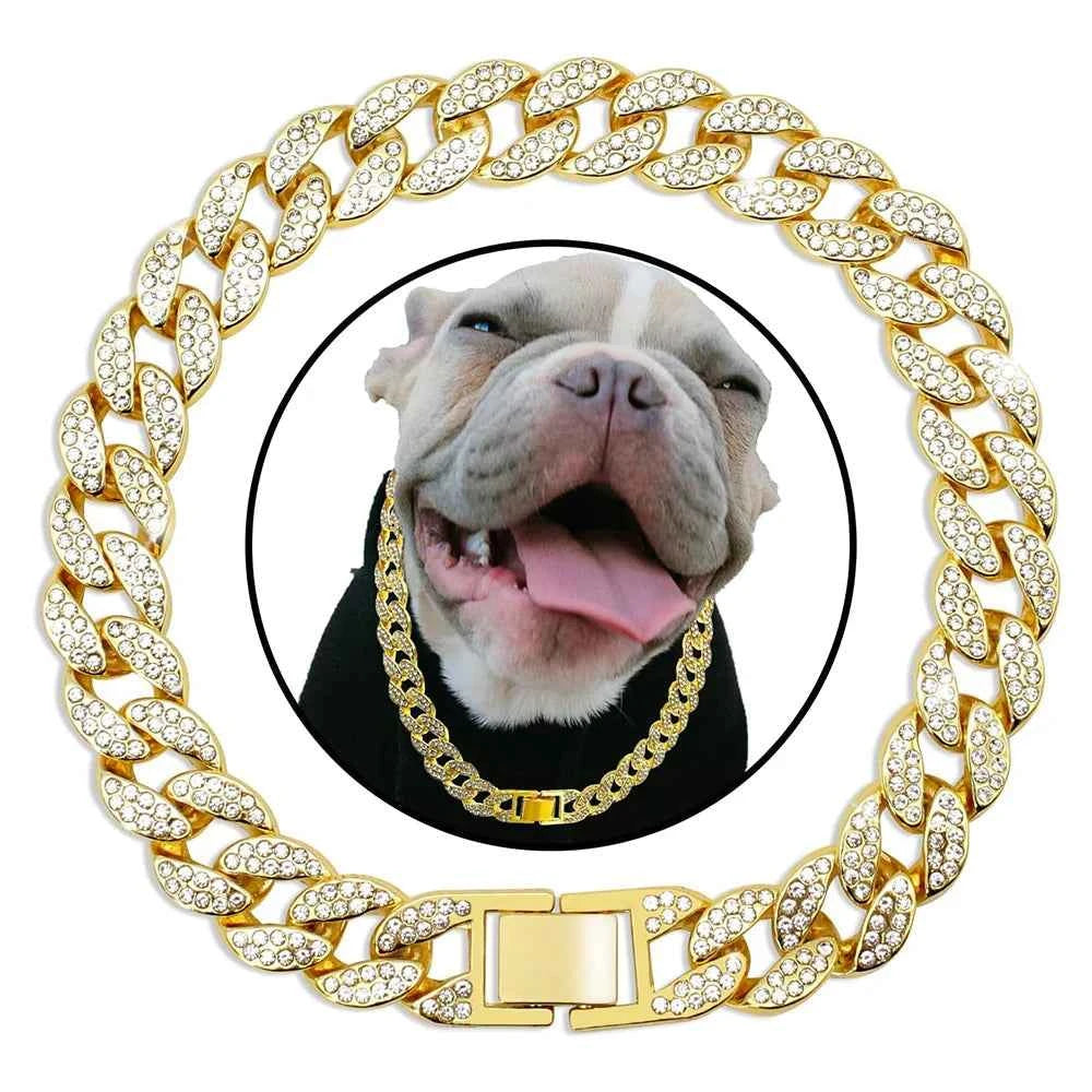Dog Cuban Gold Chain Luxury Diamond Dog Collar Pet Metal Necklace Jewelry Accessories for Small Medium Large Dogs Cats Pet Gift luxecrown.co.uk
