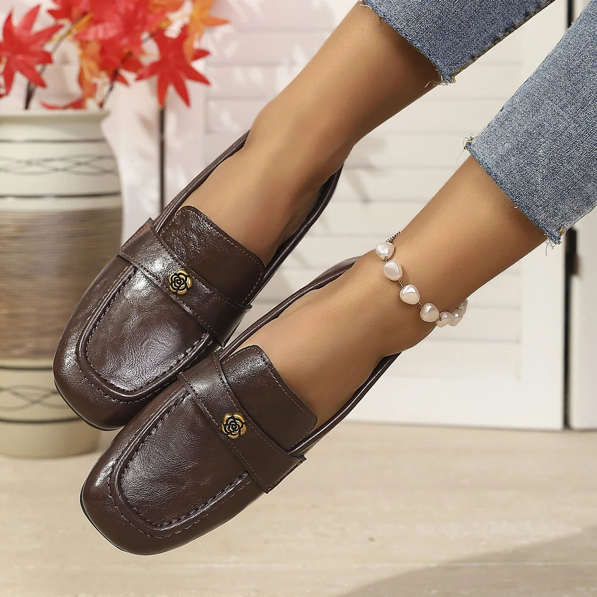 Women's Leather Flat Loafers with Gold-Tone Flower Accessory Round Apron Toe Low Block Heel Comfortable & Office Dress Shoes luxecrown.co.uk
