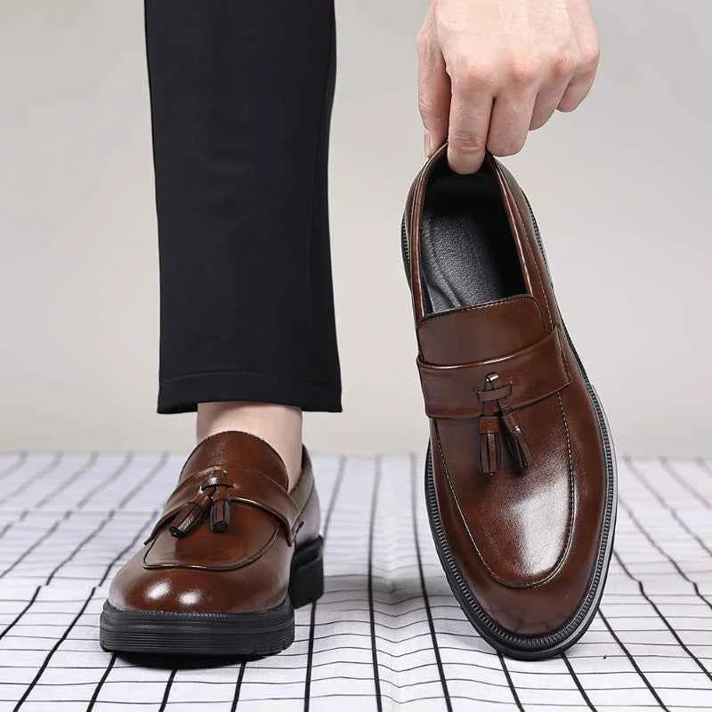 Mens Brown Genuine Leather Tassel Penny Loafers Slip On Chunky Sole Formal Dress Shoes Comfortable Non Slip For Business Office luxecrown.co.uk