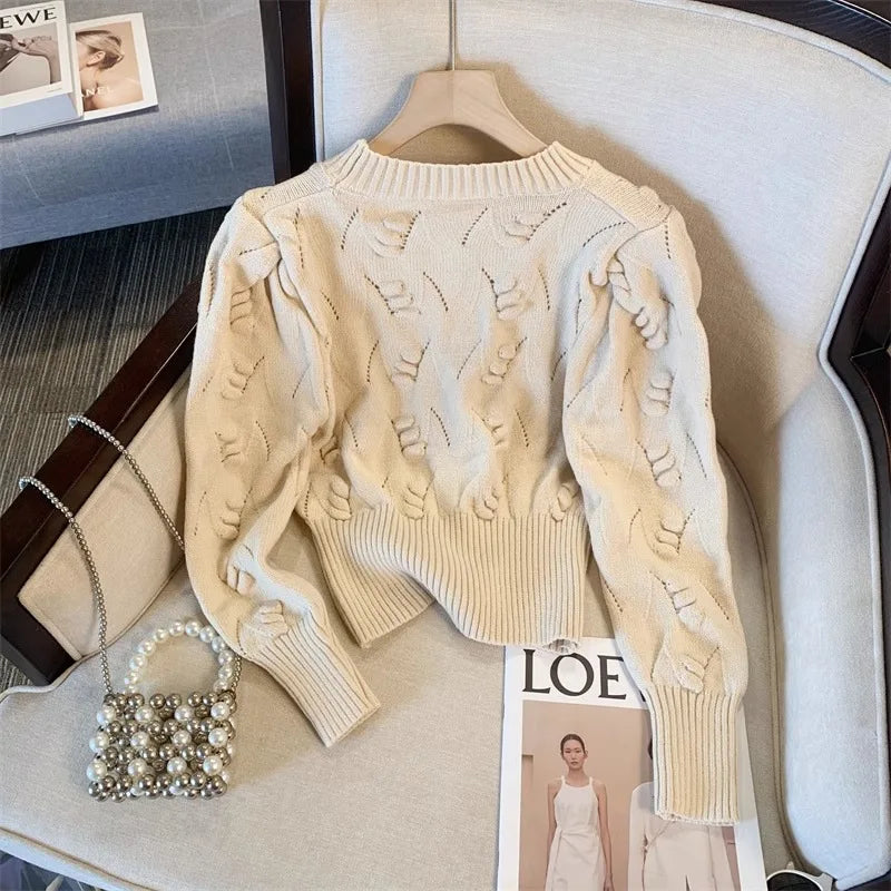 2026 New Autumn Winter Women O-neck Long Sleeve Knitted Sweaters Hollow Out Knitwear Crochet Solid Color Short Pullover Tops