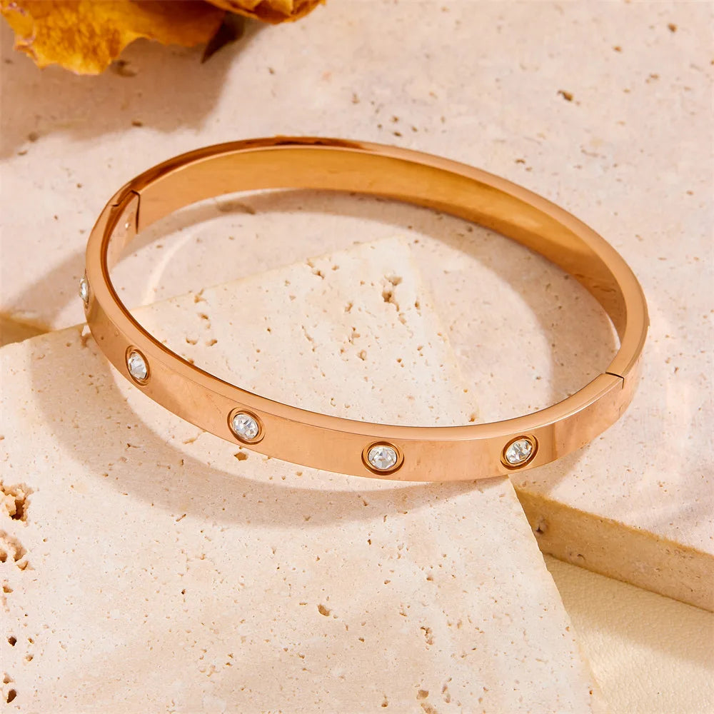 Luxury Stainless Steel Crystal Charm Bangle/Ring for Women Gold Color Non Tarnish Cuff Bracelet Jewelry Set Gift Party Streetsharks