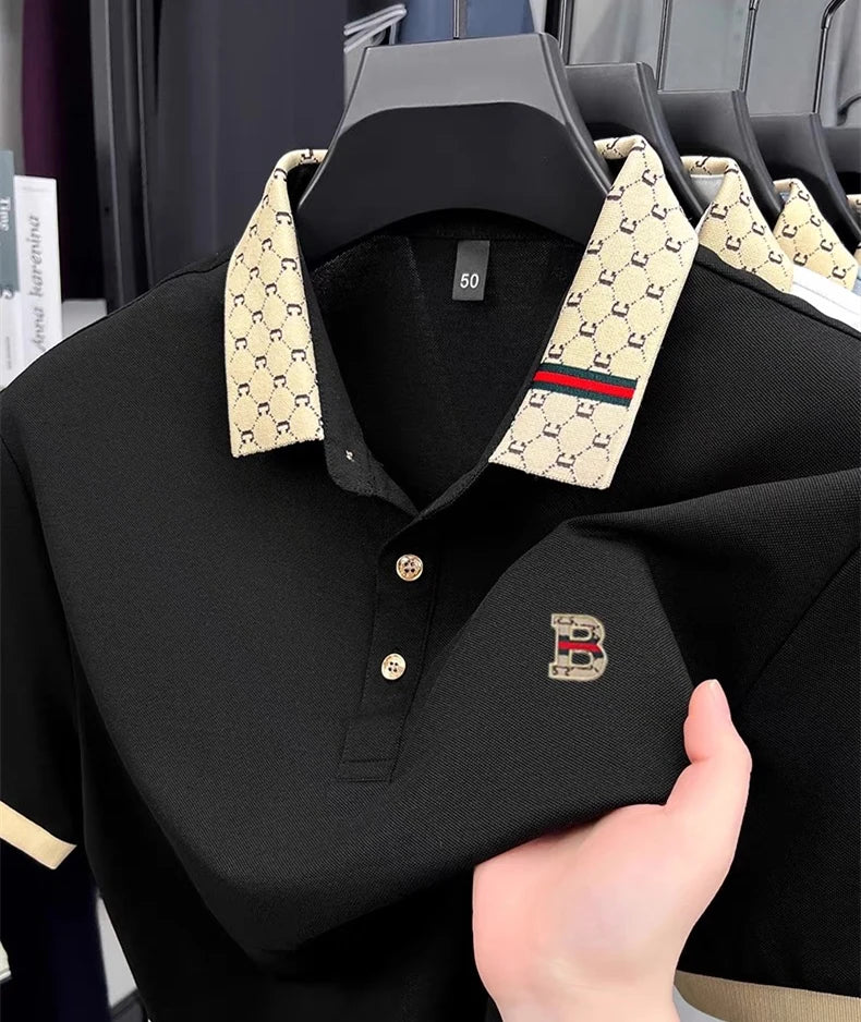 Luxury brand B letter embossed short sleeve polo shirt men summer lightweight breathable new fashion color blocked lapel T-shirt luxecrown.co.uk