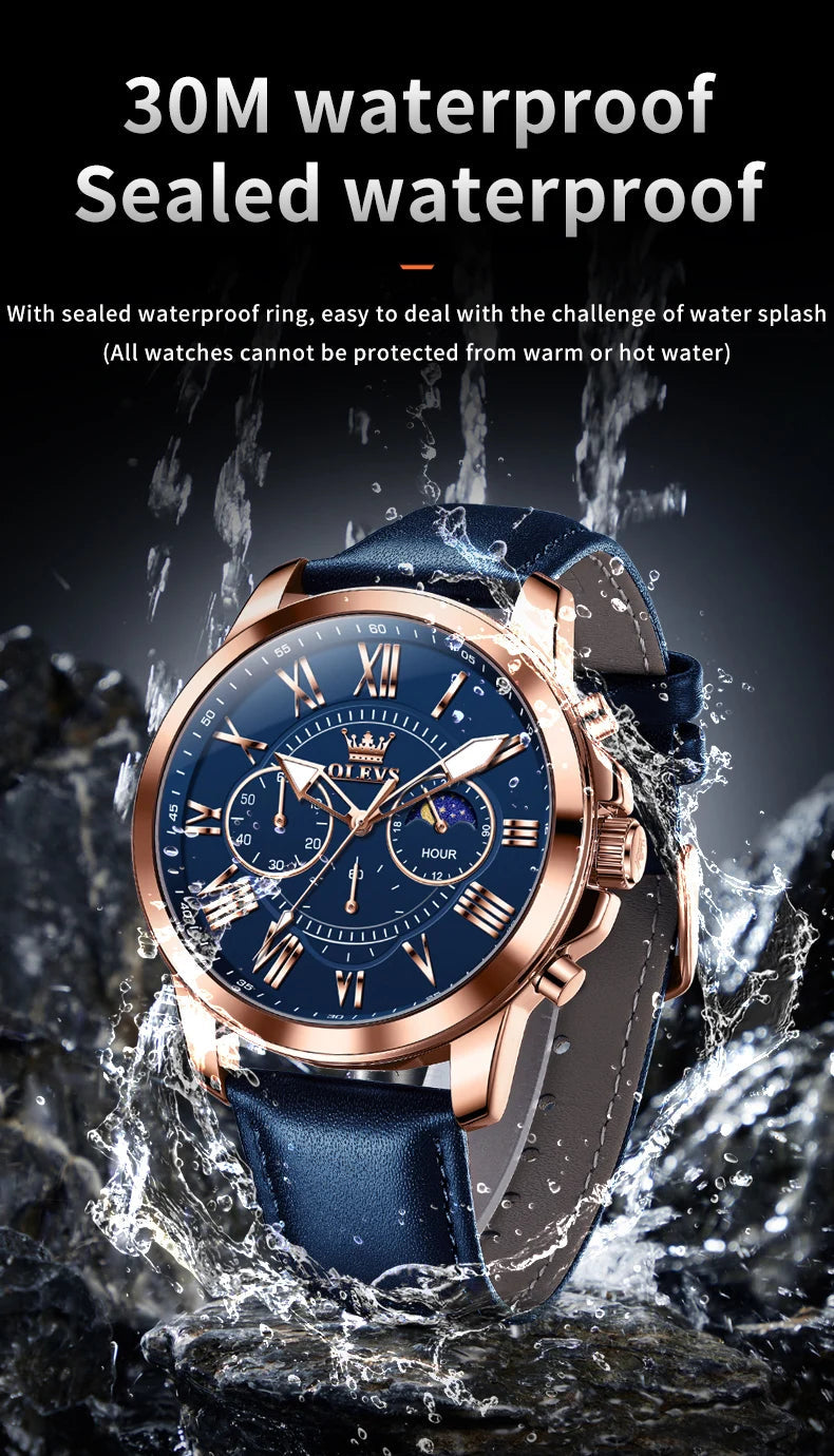 OLEVS 3632 Men Watch Elegant Luxury Sport Quartz Watch Scale Waterproof Luminous Automatic Date Moon Belt Watch Gifts Original luxecrown.co.uk