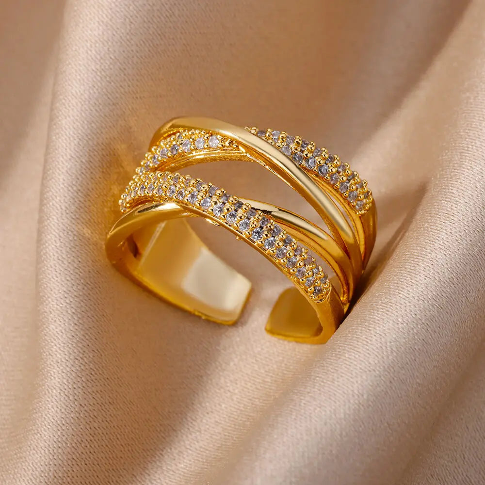 Fashion Gold Color Stainless Steel Rings For Women Chain Hollow Out Crystal Zircon Finger Ring Jewelry 2023 Gift anillos mujer Streetsharks